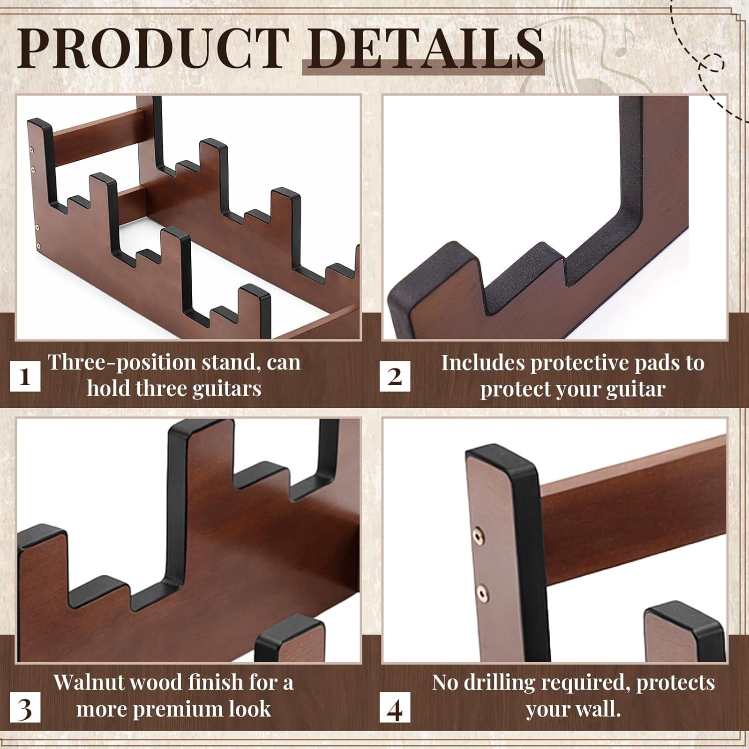 Wooden Guitar Stand 3-holder for Multiple Guitars Wood Guitar Display Rack Space-saving for Home, Studio, Stage