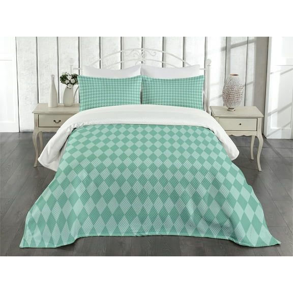 Ambesonne Aqua Quilted Bedspread Set 3 Pcs, Rectangular Geometric Tile, Queen Size, Turquoise and Pale Blue