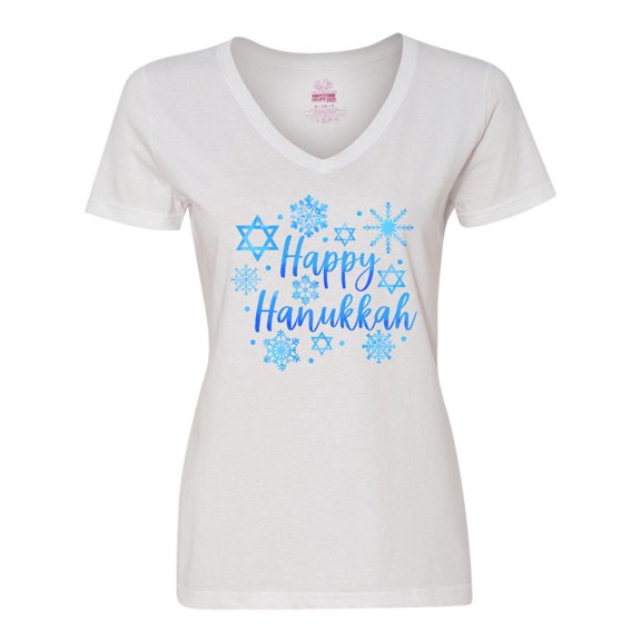Inktastic Happy Hanukkah Blue Stars of David and Snowflakes Women's V-Neck T-Shirt