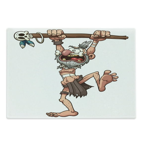 Skull Cutting Board, Prehistoric Witch Doctor Holding a Staff with a Skull in His Hands Illustration, Decorative Tempered Glass Cutting and Serving Board, Large Size, White and Brown, by Ambesonne