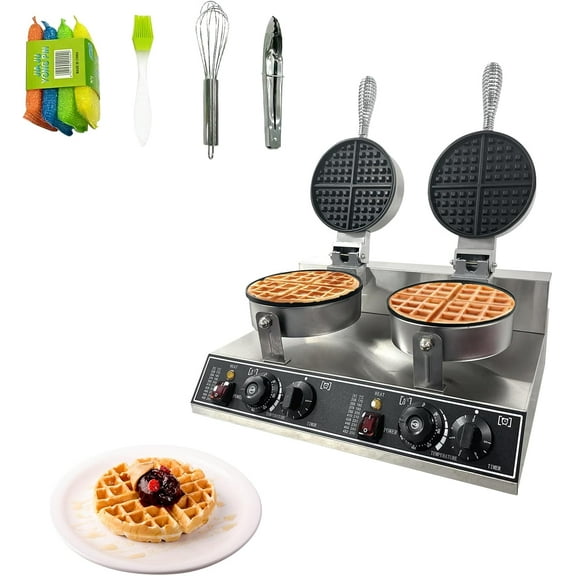 DSstyles Commercial Waffle Maker Machine, 110V 2400 W Staninless Steel Waffle Iron, Double Head Nonstick Waffle Maker for Home Cafe and Restaurant