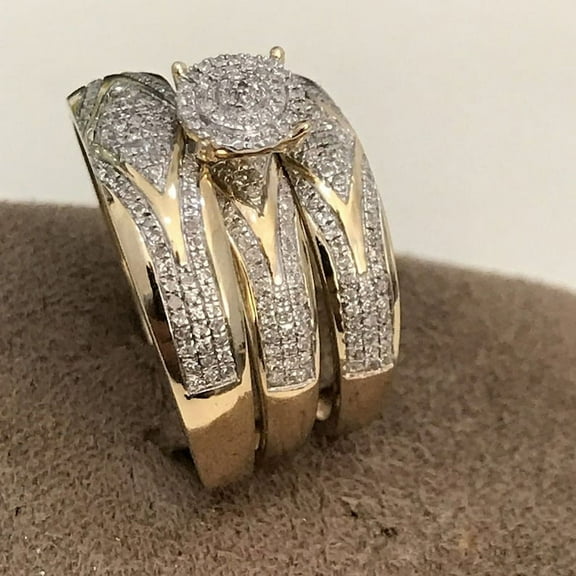 14k Yellow Gold Plated Simulated Diamond Wedding His & Her Trio Set Bridal Engagement Ring,Bridal Band Engagement Ring Set