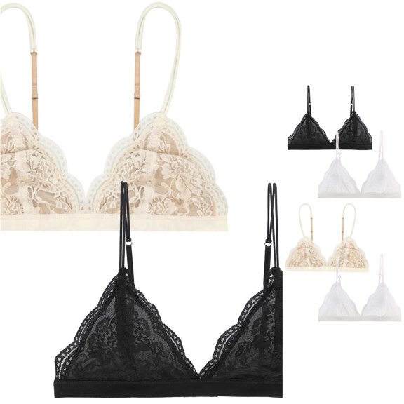 2 Pieces Lace Bralettes for Women Floral Adjustable Thin Strap V Neck Hook Eye Unpadded Triangle Bralette Wire Free Bra
