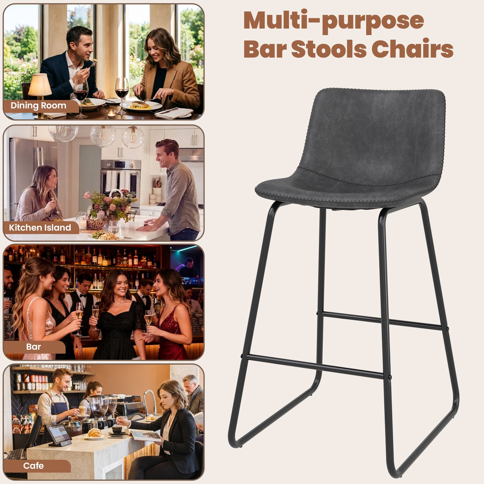 Aufeile 26" Counter Height Bar Stools Set of 2 – Modern Faux Leather Barstools with Back & Metal Legs, Kitchen Bar Chairs for Island, Dining Room, Gray