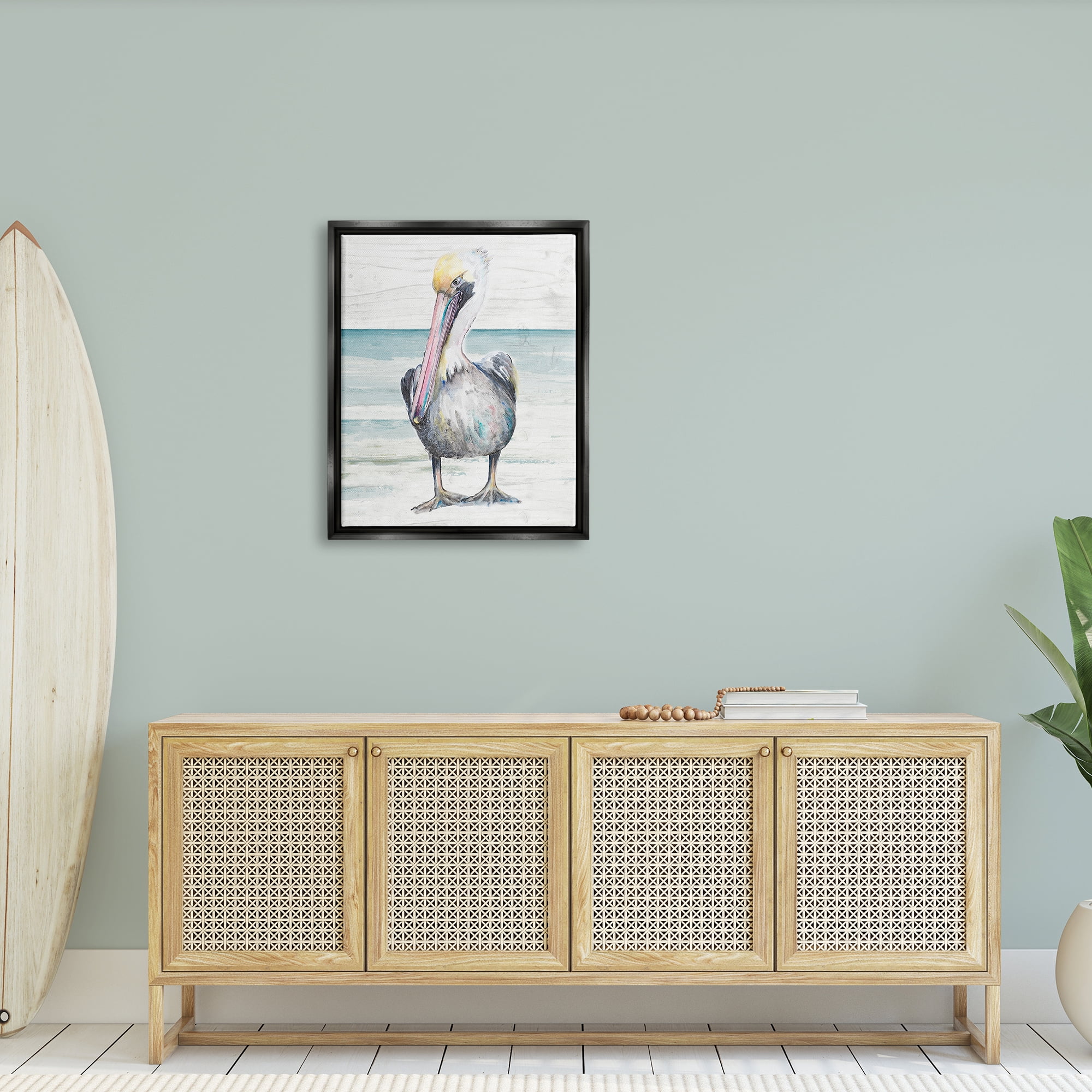 Stupell Industries Pelican Bird Standing Beach Sand Grain Pattern Graphic Art Jet Black Floating Framed Canvas Print Wall Art, Design by Patricia Pinto