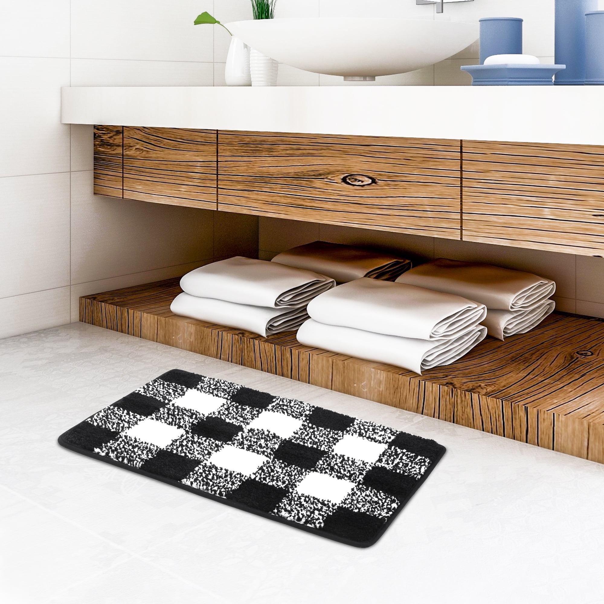 REGALWOVEN Microfiber Plaid Bathroom Rugs, Extra Soft Fluffy Absorbent Bath Rug Black & White 17"x24"