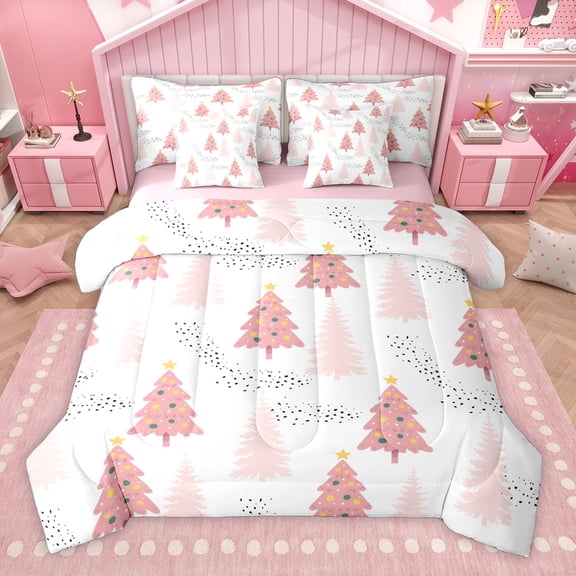 Homewish Colorful Xmas Tree 7-Piece Twin Bedding Sets,Merry Christmas Bedding Comforter Set,Pink White Gray Sheet Sets For Girls Kids,Super Cozy Room Decor Reversible