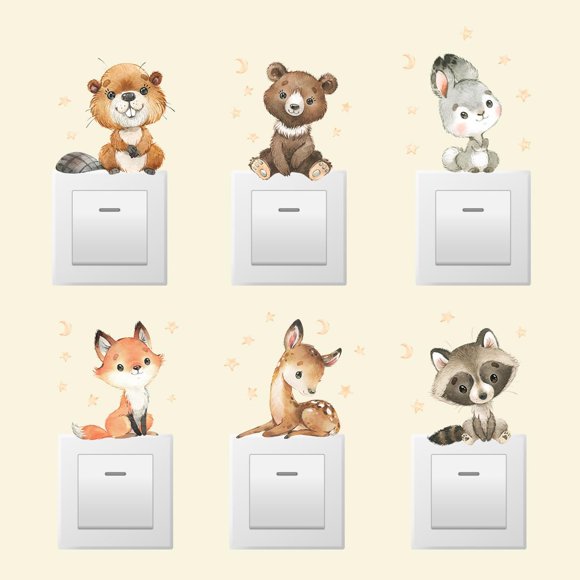 shiyou-6Pcs Animal Switch Sticker, Fox, Raccoon, Rabbit, Deer Light Switch Decor for Nursery, Baby Room, Kids' Room, Removable Wall Decal Art Murals Home Decor