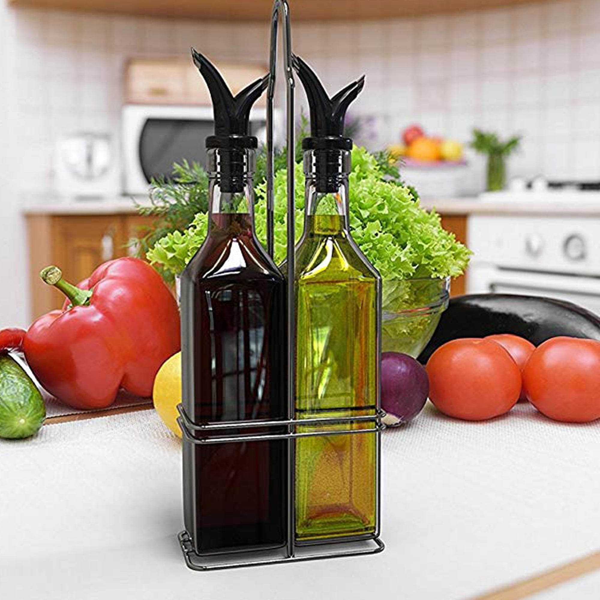 LELINTA Oil and Vinegar Bottle Set with Stainless Steel Rack and