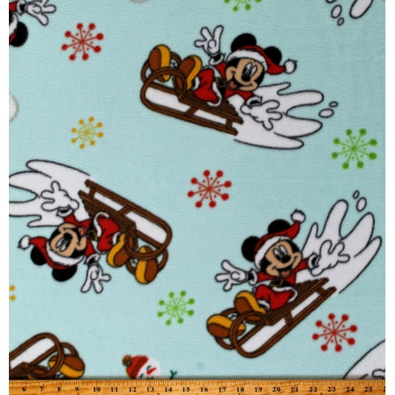 Fleece Mickey Mouse Sled Toss Sledding Snowflakes Snowman Snowmen Disney Christmas Winter Holiday Blue Fleece Fabric Print by the Yard (77339-A620710)