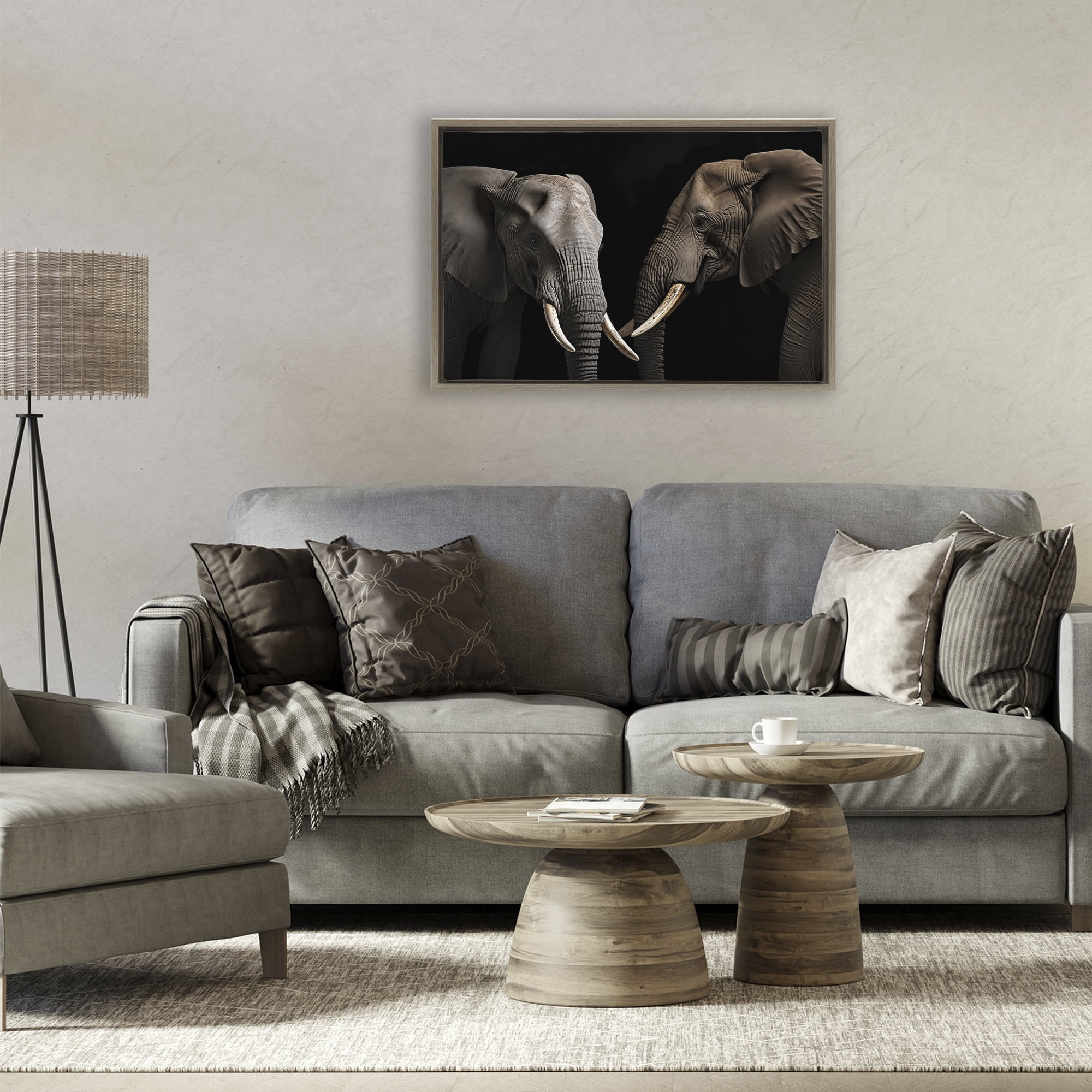 Pachyderm Elephant Pair Brown Framed Floater Canvas Wall Art, design by Decent Exposures