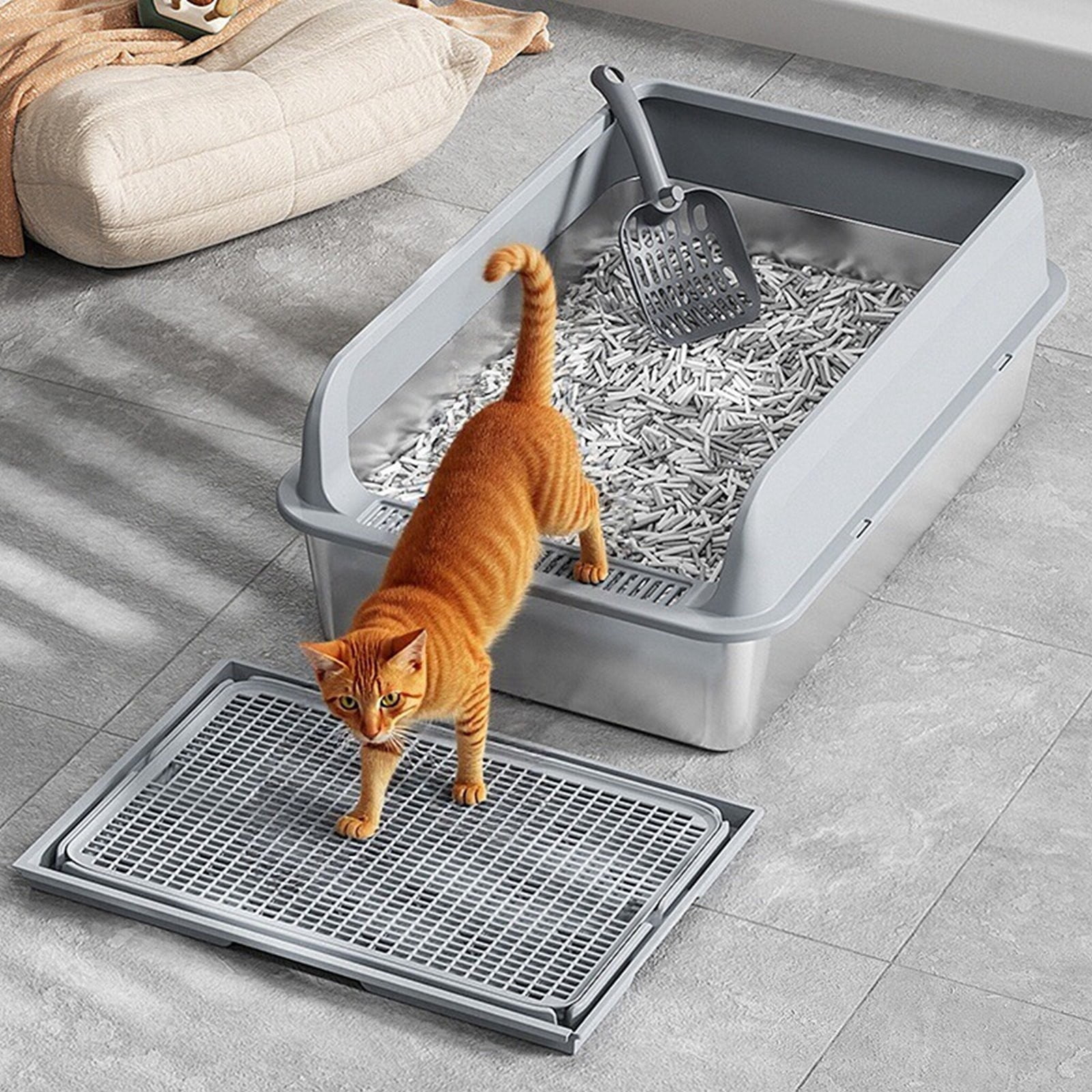 Stainless Steel Sifting Litter Box with Lid,Extra Large Sifting Cat Litter Box for Pine Pellets & Cats,Metal Pellet Sifter Litter Pan System for Odor Control with Scoop(Black)