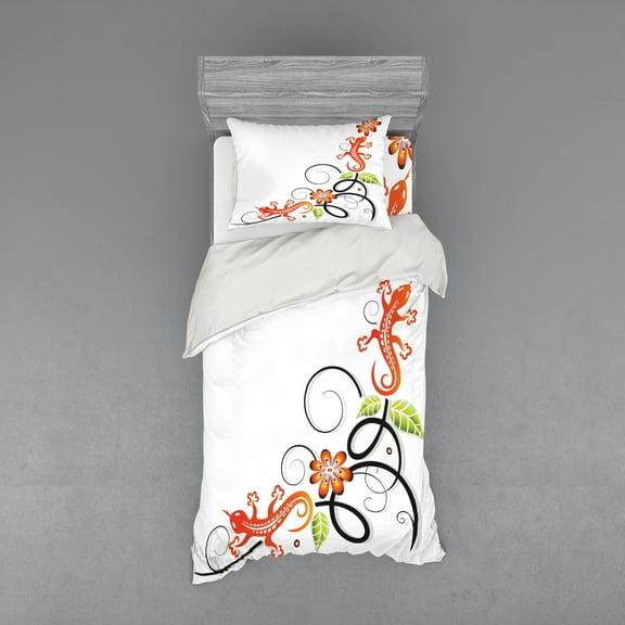 Ambesonne Oriental Bedding Set 3 Pcs, Lizard and Flower, Twin, Orange White Black
