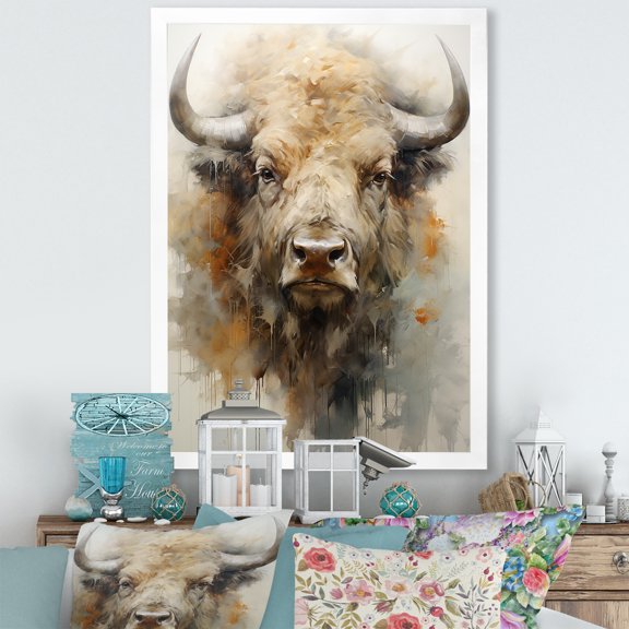 Designart "Great Plains Bison Bust II" Animals Buffalo Picture Framed Canvas Wall Art