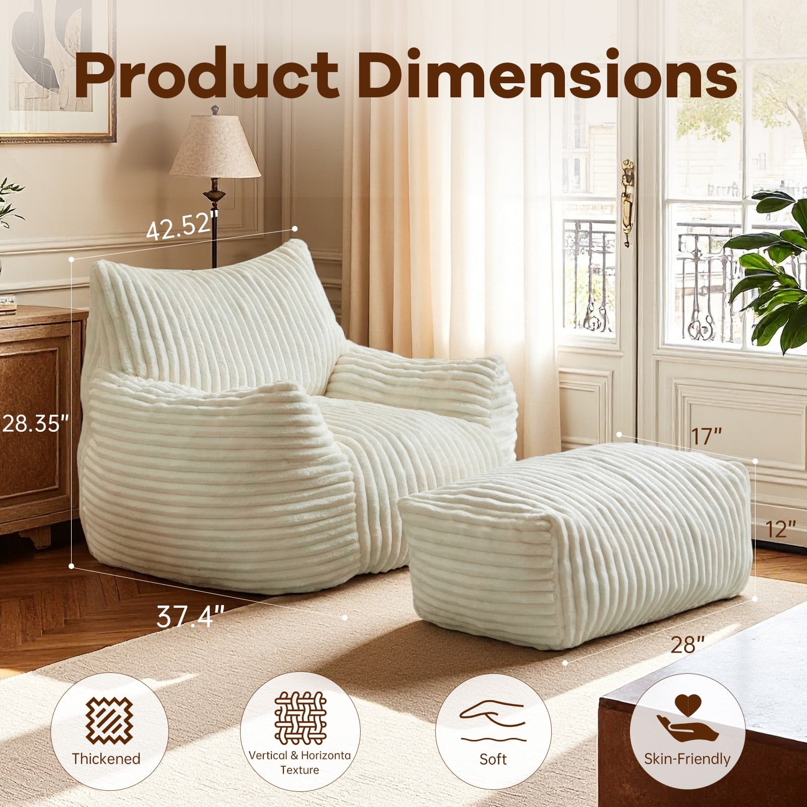 Bean Bag Chairs for Adults Teens with footrest, Cozy Fluffy Single Mini Couch,Large Bean Bag Sofa Chairs with Filling Comfy with Armrests for Reading,Living Room, Bedroom. (White, with footrest)