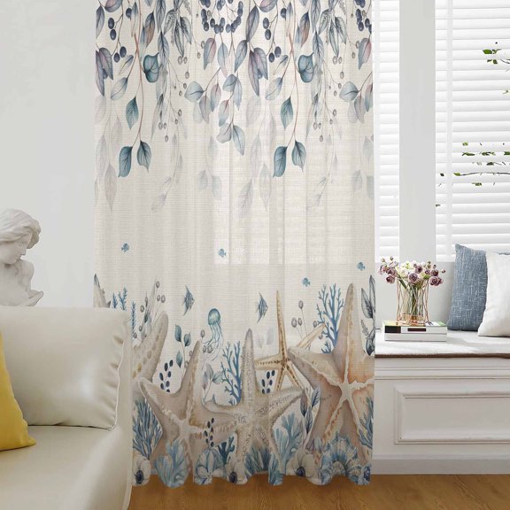 Blue Beige Coastal Sheer Curtains 84 Inches Long for Living Room/Bedroom, Beach Starfish Summer Eucalyptus Rustic Rod Pocket Voile Kitchen Curtains & Drapes Window Treatment 1 Panel, 52"W x 84"L
