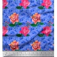 thumbnail image 1 of Soimoi Tissu Georgette Viscose Bleu Imprimé Feuilles & Roses au Mètre 42 Pouces de Large, 1 of 3