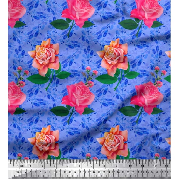Soimoi Blue Cotton Duck Fabric Leaves & Rose Flower Print Fabric by The Yard 42 Inch Wide