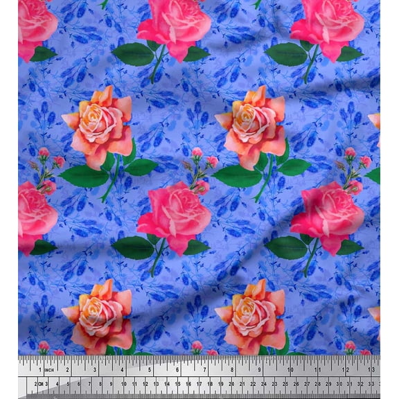 Soimoi Blue Cotton Duck Fabric Leaves & Rose Flower Print Fabric by The Yard 42 Inch Wide