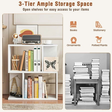 Costway 1 PCS 3-Tier Bookshelf Geometric Bookcase Side Table with Open Storage Display Shelf - White