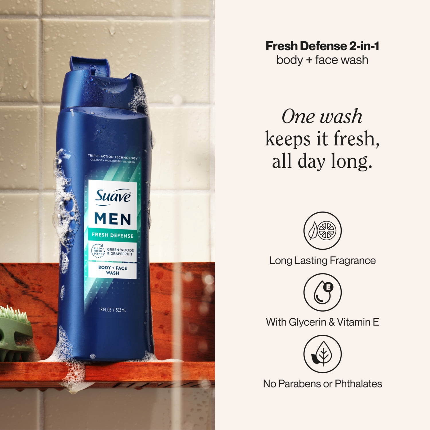 (2 pack) Suave Men Fresh Defense 2in1 Body & Face Wash with Glycerin & Vitamin E, 18 FL OZ