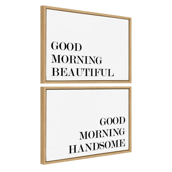 Kate and Laurel Sylvie Good Morning Beautiful and Good Morning Handsome Framed Canvas Wall Art Set by Maggie Price of Hunt and Gather Goods, 2 Piece Set 18x24 Natural, Quote Words Art Set