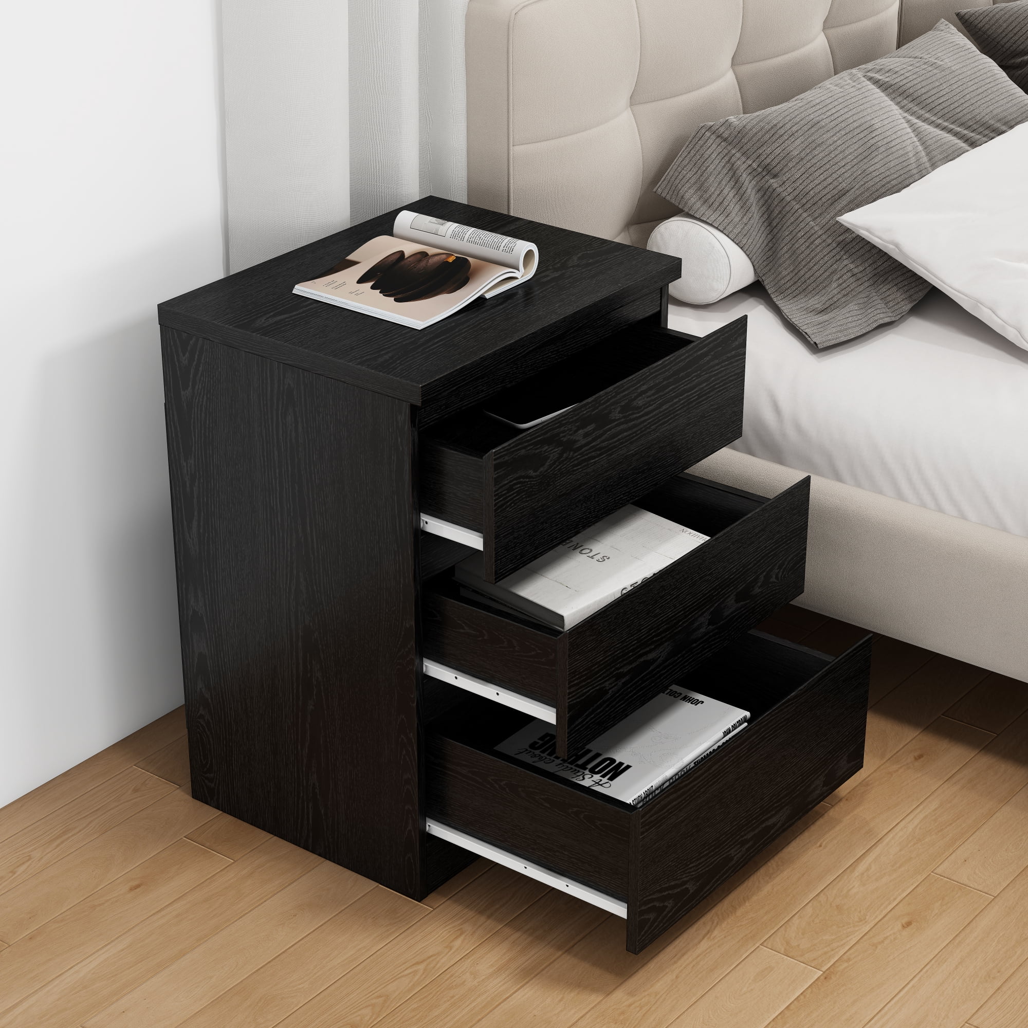 Modern Nightstand with 3 Drawers,Wooden End Table with Hidden Handle,Small Side Table Storage Cabinet for Bedroom,Living Room,Black