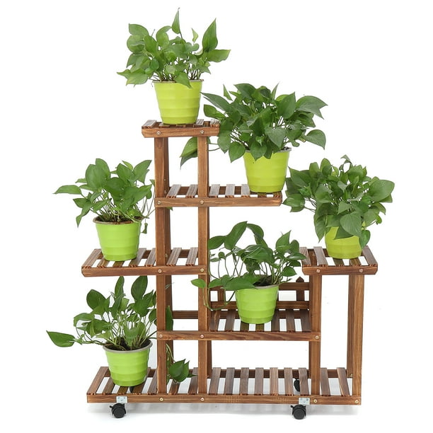 photo Wooden Tiered Plant Stand Outdoor rolling plant stand with wheels natural wood 5 tier plant shelf indoor outdoor flower pot display rack holder patio stand for home garden decor