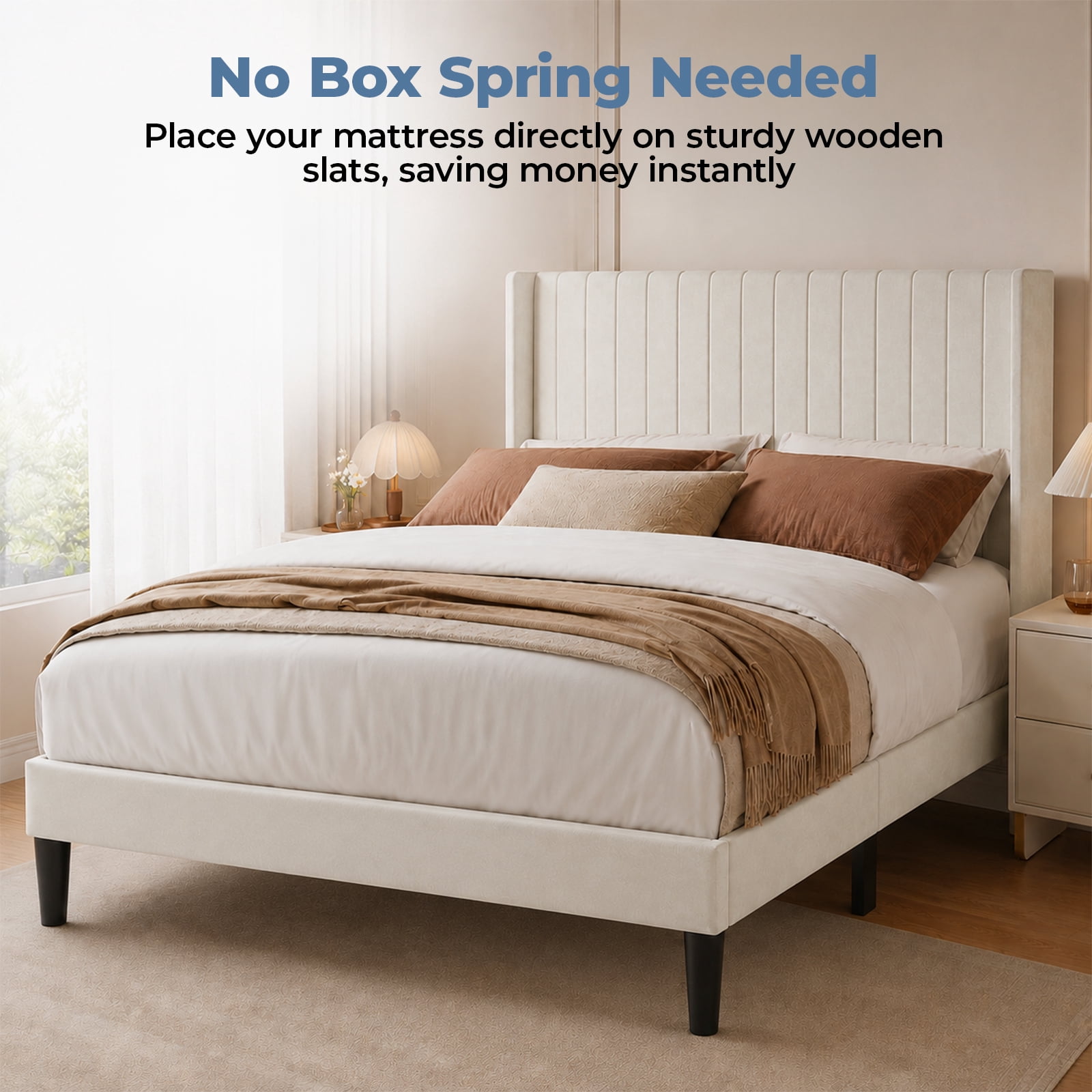 Alvantor Upholstered Bed Frame, Fabric-covered Wing-shaped Headboard and Wooden Crossbars, Bed Frame with Storage Space, Easy Assembly, Noise Free, No Box Spring Needed