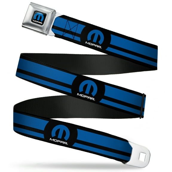 Mopar Belt, Seatbelt Buckle Belt, Mopar Logo Stripe Black Blue, 30 to 44 Inches