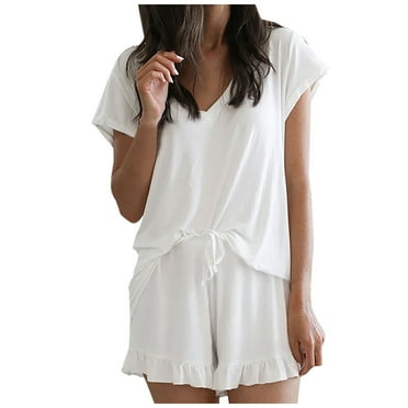 Fashion Outfits Womens Pajamas Sets Short Sleeve V Neck Tops with Ruffle Drawstring Loose Shorts Sets Sleepwear PJs Lounge Outfits