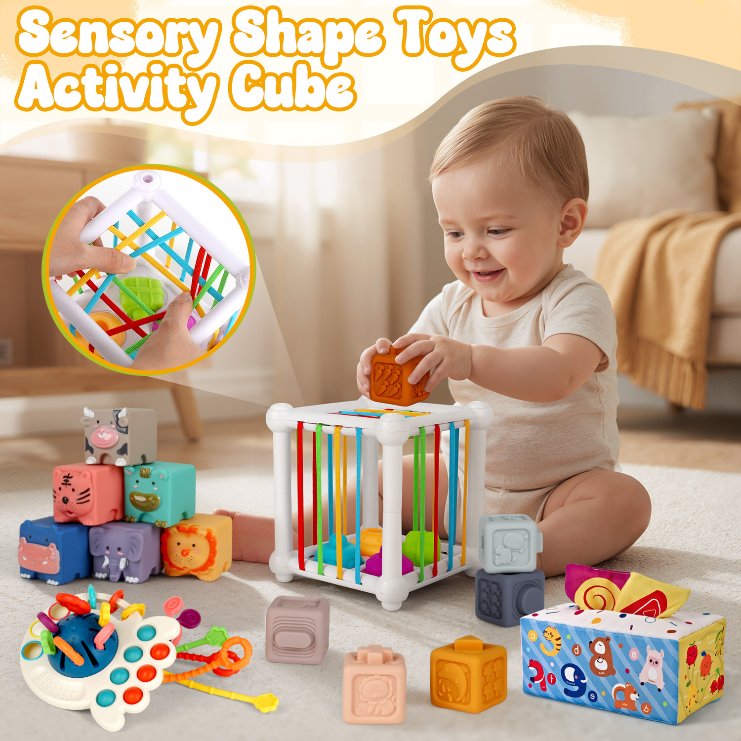 Flooyes 6-IN-1 Montessori Toys, Soft Rubber Set Play and Learn Early Box Toys For Kids Boys Girls 6 Months+