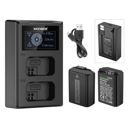 Neewer NP-FW50 Replacement Battery Charger Set, Compatible with Sony ZV-E10, a7, a7R, a7RII, a7II, a7SII, a7S, a7RII, a6300, a6400, a6500, RX10, 2-Pack 1100mAh Battery, Dual USB Charger, USB-C Cable