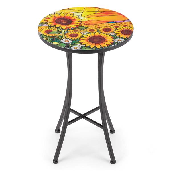 14 inch Side Table, Round Iron Top End Table, Indoor Outdoor Accent Table, Sunflower Mosaic