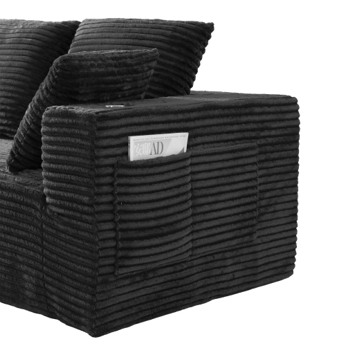 95" Modular L-Shaped Sectional Sofa with Chaise Lounge, 4-Seater Convertible Sofa Bed, Plush Corduroy Upholstery, Spring Pack Cushions, Wide Armrests with Side Pocket, Black