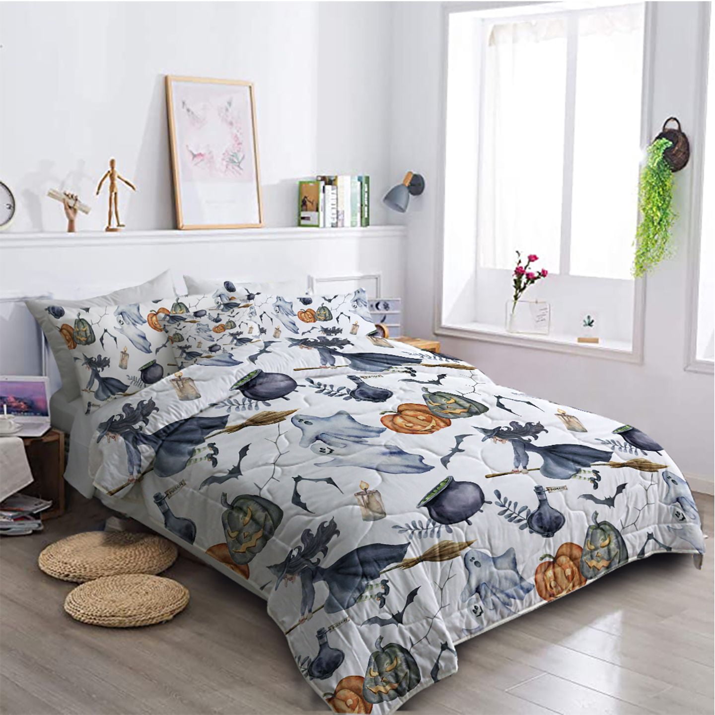 8-Piece Halloween Comforter Set Witch Pattern Bed-in-a-Bag with Sheet Shams Cushion Covers