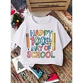 thumbnail image 1 of Camiseta gráfica para niña con el centenario del colegio: algodón suave, cuello redondo e informal con elementos escolares coloridos. Ropa informal de verano para niñas. Camisas para niñas. Ropa de d, 1 of 7