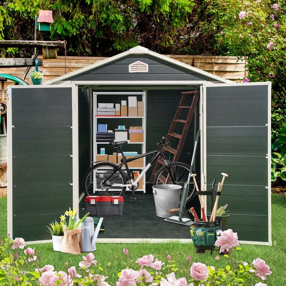 Black 6x8 ft Resin Outdoor Storage Shed - Durable Yard Shed for Patio & Garden Tool Storage - Weather-Resistant, Slim Design with Double Doors