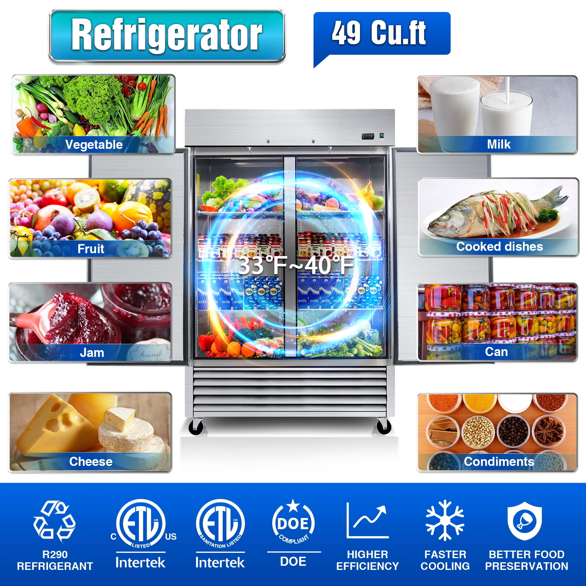 WHALLPRO 54" Commercial Refrigerator 49 Cu.ft with 2 Solid Door Reach-In Refrigerators Stainless Steel ETL Approved Upright Fridge Storage