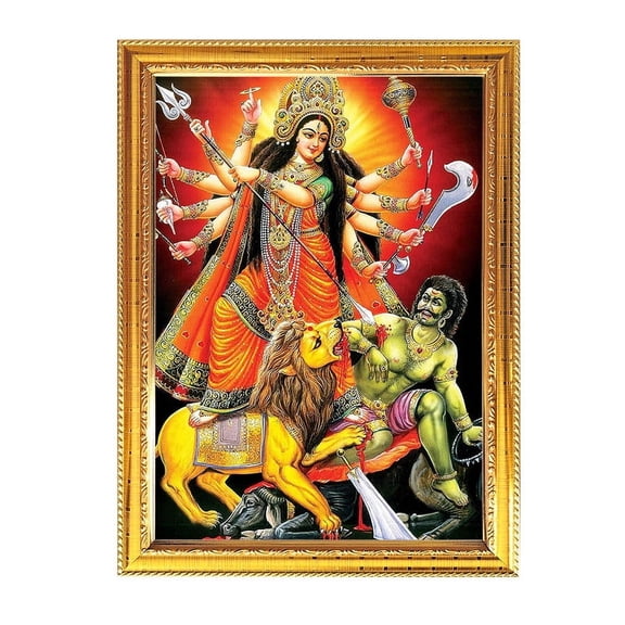 Durga Maa God Photo With Golden Frames For Pooja Indian Worship Religious Ritual House Warming Wall Table Puja Room 8.6 X 11