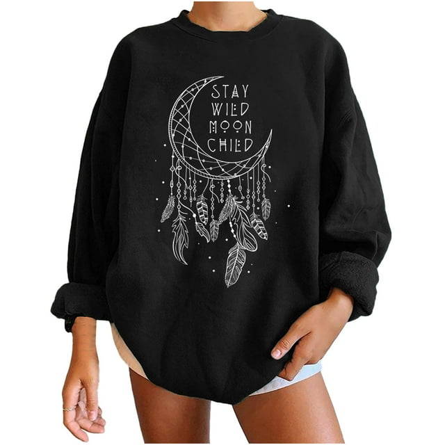 DPTALR Women Print Loose O-Neck Long-Sleeved Fleece Oversized Sweatshirt Pullover