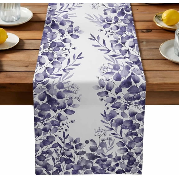 Table Runner 71 Inches Long, Country Plants Eucalyptus Leaves Linen Table Runners Dresser Scarf Runner for Bedroom Kitchen Home Party Dining Tables Decor Farm Purple Leaf Floral
