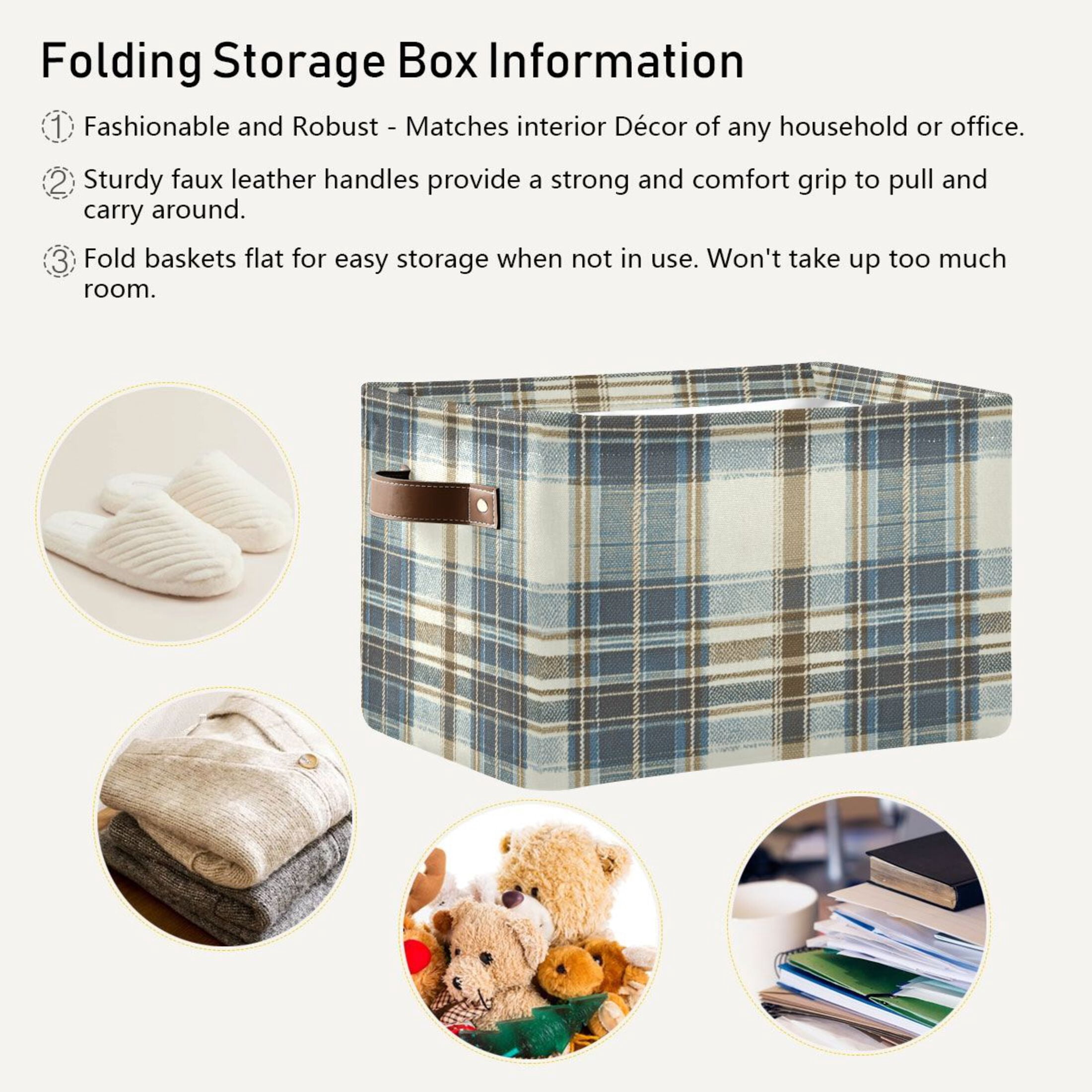 Blue and White Tartan Foldable Storage Basket,Canvas Fabric Foldable Storage Bins with Handles Open Home Storage Bins Boxes for Toy Book Shelf Closet Baskets