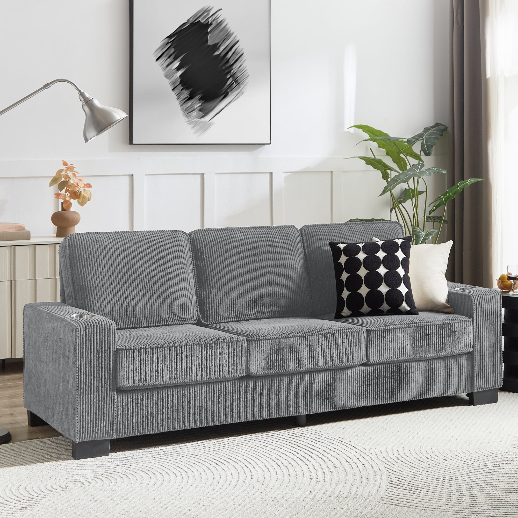 Leumius 83.86" Corduroy Sofa,3 Seater Sofa Couch with Deep Seats,Armrests and Cupholders for Living Room, Bedroom, Apartment, Office,Gray