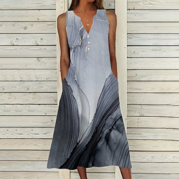 Puntoco Vestidos Mujer Verano Diseño De Verano Vestido Casual Gradual Sin Mangas Cuello V-Cuello Vestido Largo