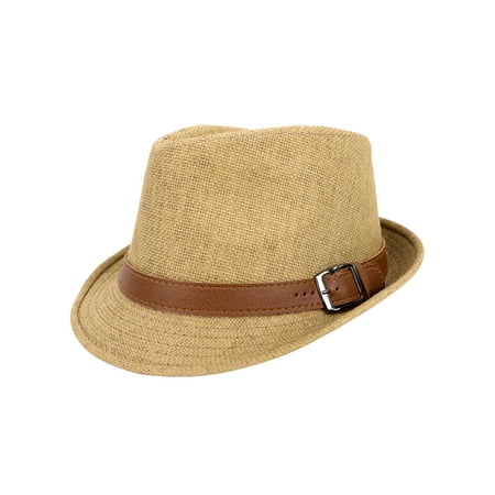 Panama Style Fedora Straw Sun Hat with Leather Belt,Khaki LXL