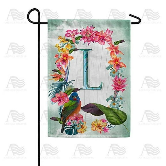 America Forever Summer Floral Wreath Monogram Garden Flag Letter L 12.5 x 18 inches Parrot Macaw Hibiscus Palm Leaves Double Sided Vertical Outdoor Yard Lawn Decorative Tropical Garden Flag