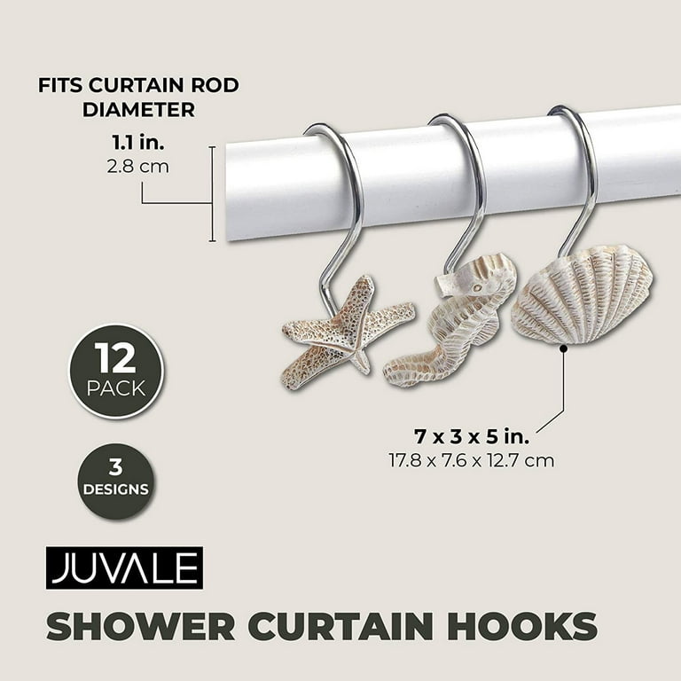 12 Pack Beach Shower Curtain Hooks, with Seahorses, Starfish, and
