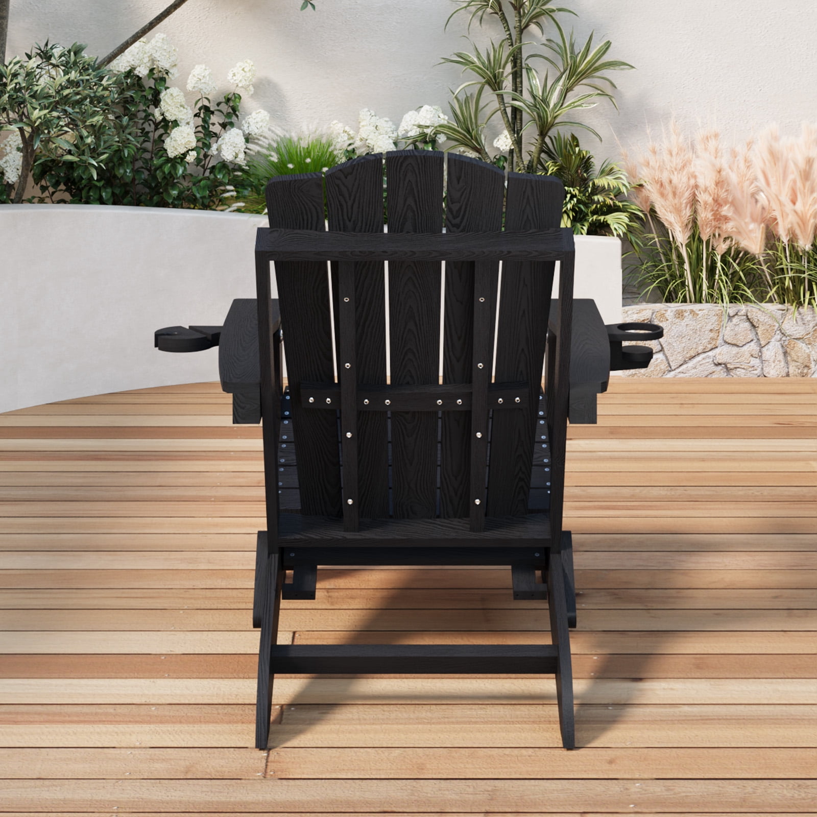 Vebreda Folding Adjustable Adirondack Chair with Retractable Footrest, 3-Position Backrest, Cup Holders, Black
