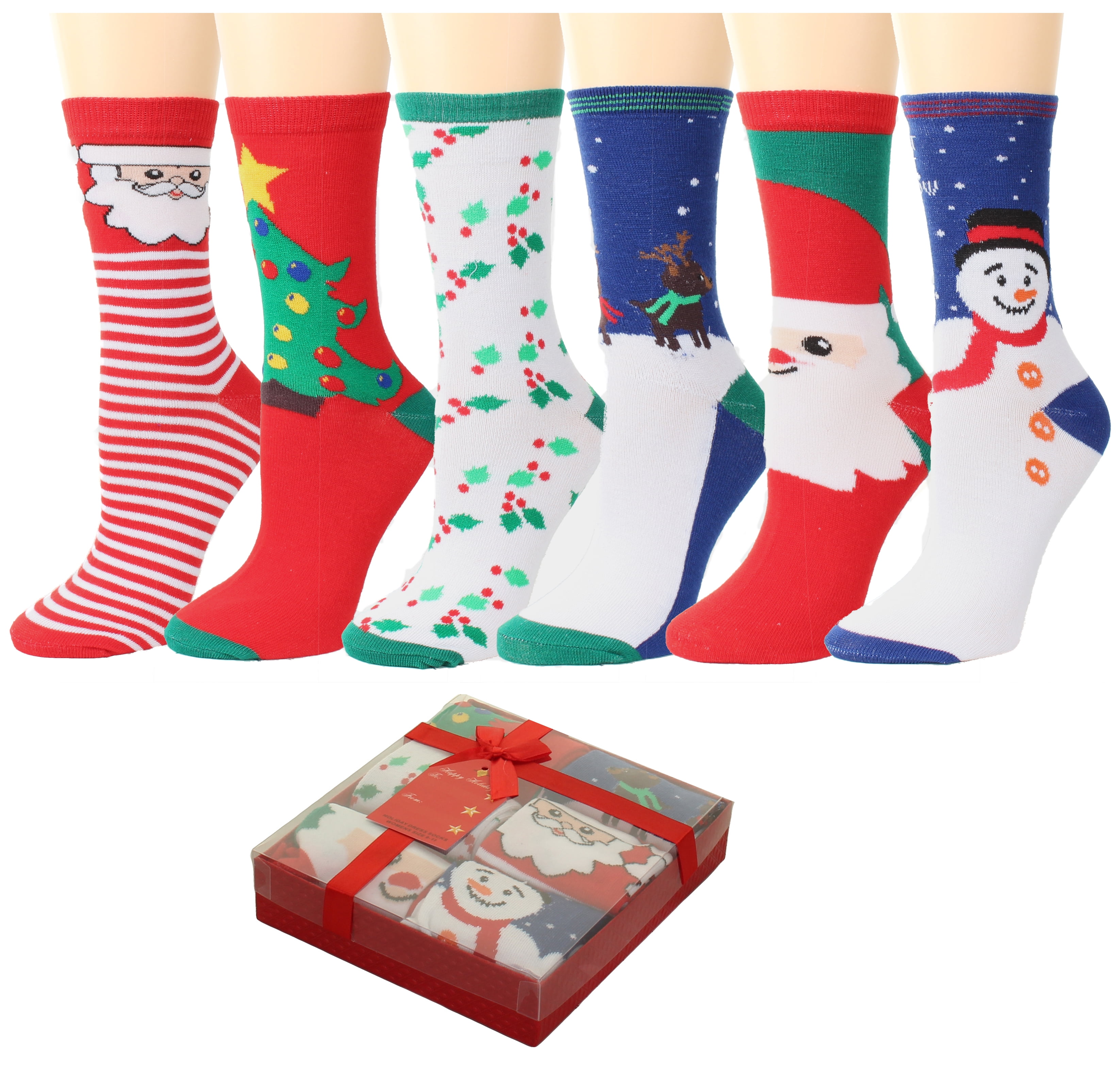 GILBIN'S Women Christmas Holiday Design Crew Casual Socks 6 Pairs, Gift ...